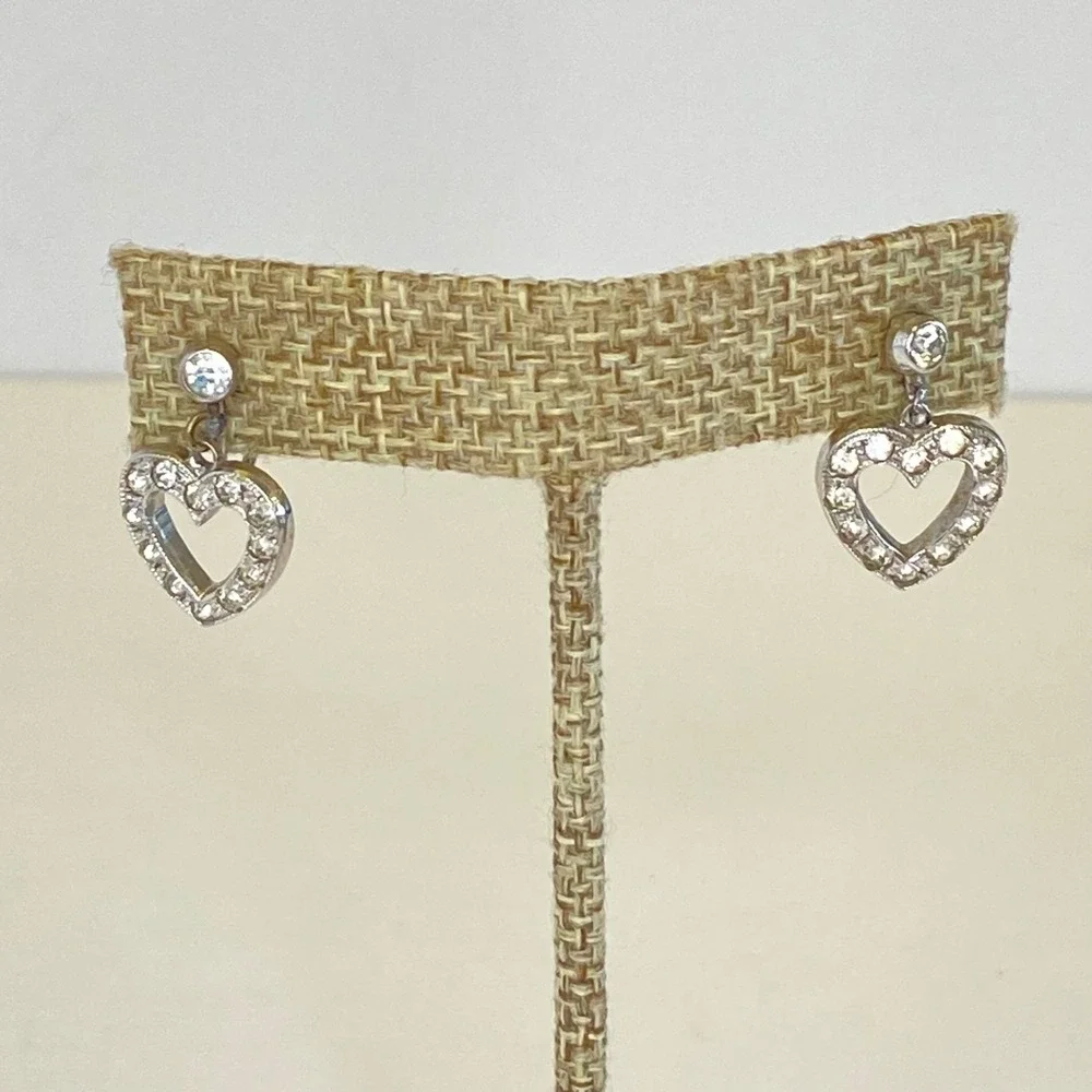 Vintage Sterling‎ Silver Rhinestone Heart Screw Back Earrings Romantic Bridal